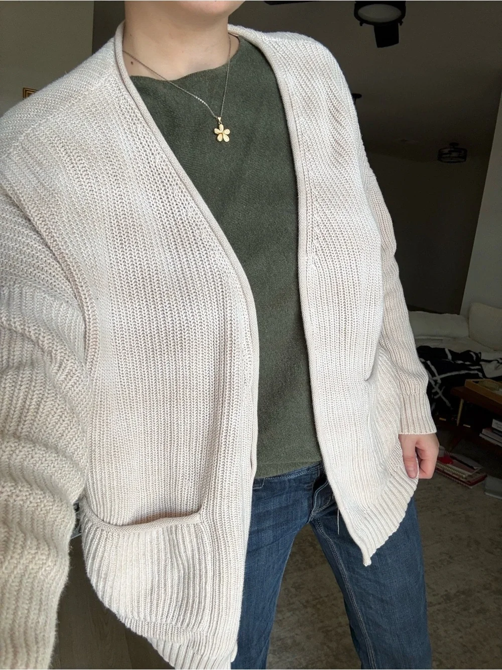 Universal Thread Cream Ribbed Open-Front Cardigan